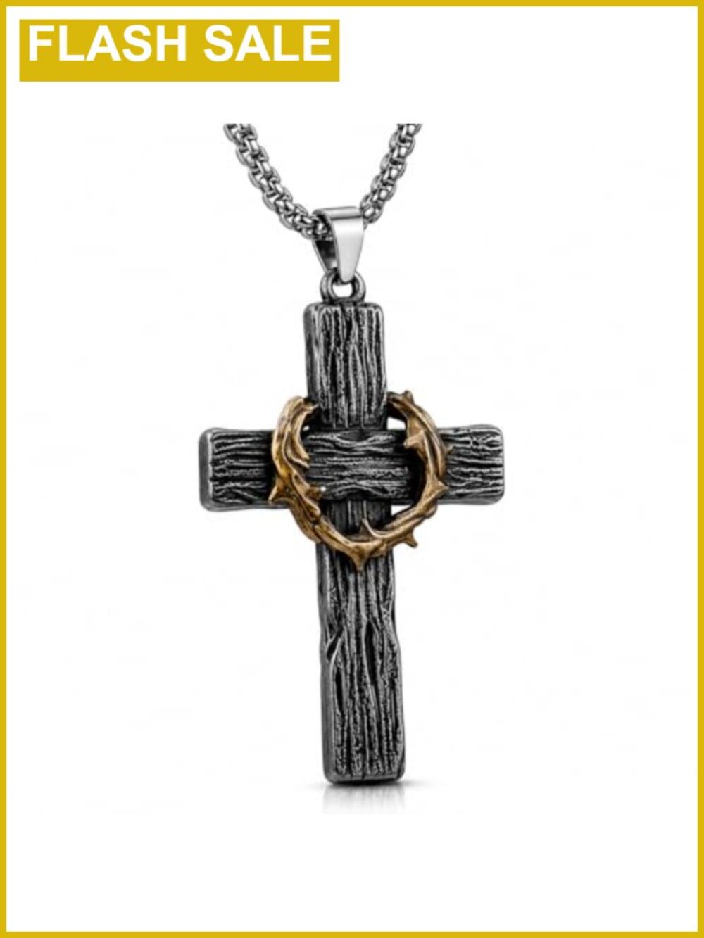 Men's Stainless Steel Crown of Thorns Cross Pendant Necklace 24in Christian